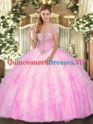 Discount Strapless Sleeveless Sweet 16 Dress Floor Length Appliques and Ruffles Rose Pink Tulle
