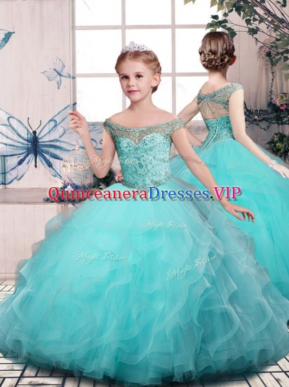 Ball Gowns Pageant Dress Toddler Aqua Blue Off The Shoulder Tulle Sleeveless Floor Length Lace Up - Click Image to Close