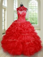 Beauteous See Through Sleeveless Organza Floor Length Lace Up 15 Quinceanera Dress in Red with Beading and Ruffles and Pick Ups(SKU PSSW0271BIZ)