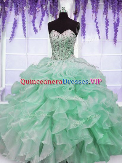 Elegant Sleeveless Organza Floor Length Lace Up Quince Ball Gowns in Apple Green with Beading and Ruffles - Click Image to Close