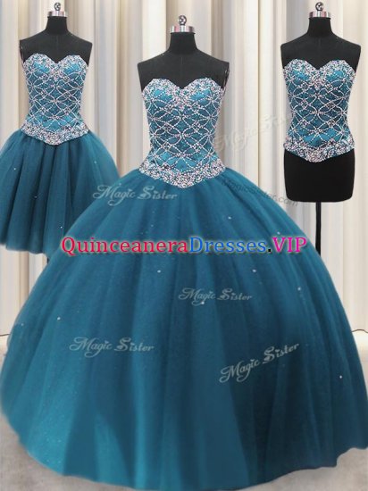 Superior Three Piece Tulle Sleeveless Floor Length Sweet 16 Dresses and Beading and Ruffles - Click Image to Close