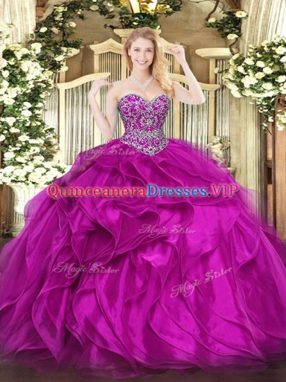 Fuchsia 15 Quinceanera Dress Military Ball and Sweet 16 and Quinceanera with Beading and Ruffles Sweetheart Sleeveless Lace Up - Click Image to Close