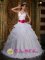 Alderley Edge Cheshire A-line White Halter Beaded Decorate Bust and Contrasting Sash Quinceanera Dress With Pick-ups Organza Floor-length