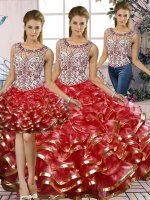 Red Three Pieces Scoop Sleeveless Organza Floor Length Lace Up Beading and Ruffles Vestidos de Quinceanera(SKU SJQDDT2094007BIZ)