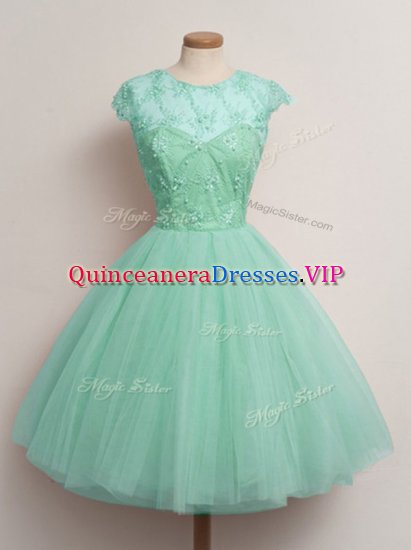 Dazzling Apple Green Ball Gowns Tulle Scoop Cap Sleeves Lace Knee Length Lace Up Damas Dress - Click Image to Close