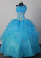 Clearance Sweet Ball Gown Strapless Floor-length Aqua Blue Quincenera Dresses TD26003