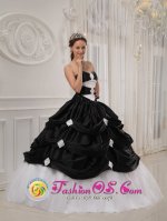 York Maine/ME Customize Black and White Pick-ups Quinceanera Dresses With Beading Taffeta and Tulle gown(SKU QDZY413J5BIZ)