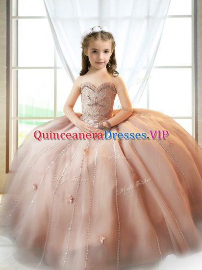 Pink Tulle Lace Up Sweetheart Sleeveless Floor Length Little Girl Pageant Gowns Beading and Appliques - Click Image to Close