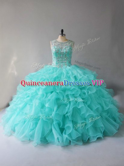 Aqua Blue Quinceanera Gowns Sweet 16 and Quinceanera with Beading and Ruffles Scoop Sleeveless Lace Up - Click Image to Close