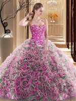 Modern Multi-color Sleeveless Brush Train Embroidery and Ruffles With Train Ball Gown Prom Dress