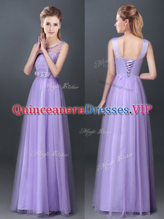 Extravagant Tulle Scoop Sleeveless Lace Up Lace and Hand Made Flower Quinceanera Court Dresses in Lavender