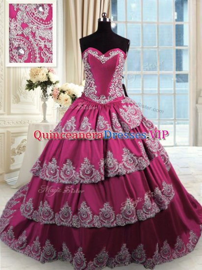 Sleeveless Court Train Lace Up With Train Beading and Appliques and Ruffled Layers Quinceanera Gowns - Click Image to Close