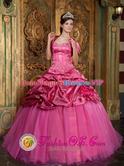 Marion Massachusetts/MA Sweetheart Pick -ups and Jacket Quinceanera Dress With Hot Pink Taffeta and Organza Appliques - Click Image to Close