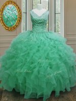Apple Green Ball Gowns Organza V-neck Sleeveless Beading and Ruffles Floor Length Zipper 15th Birthday Dress