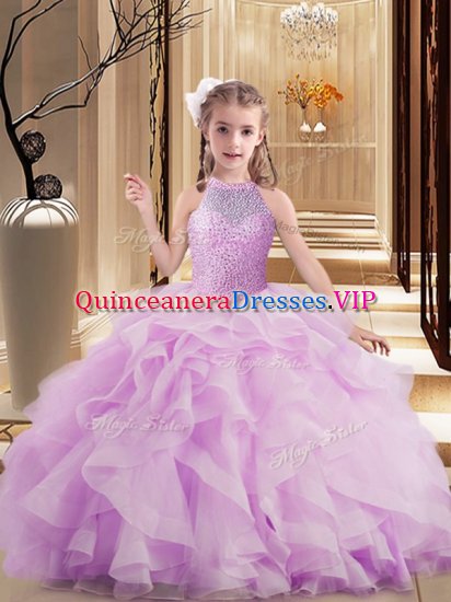 Fashionable Lilac Kids Pageant Dress Party and Sweet 16 and Wedding Party with Beading High-neck Sleeveless Lace Up - Click Image to Close