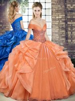 Sleeveless Floor Length Beading and Ruffles Lace Up Sweet 16 Dress with Orange
