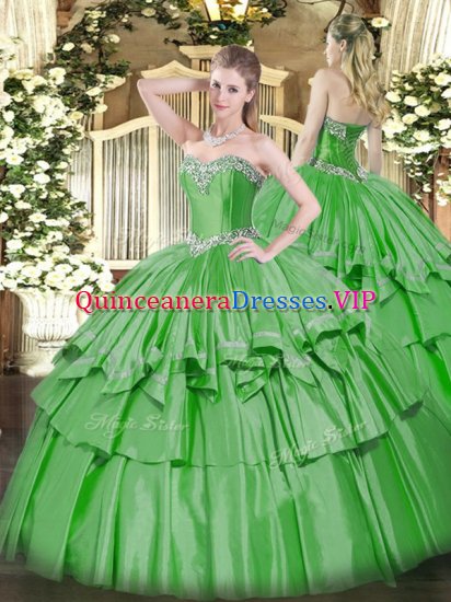 Sleeveless Organza and Taffeta Floor Length Lace Up Quince Ball Gowns in Green with Beading and Ruffled Layers - Click Image to Close