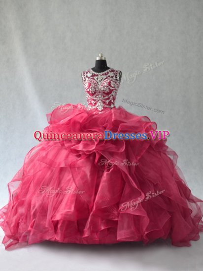 Dazzling Red Sweet 16 Dress Sweet 16 and Quinceanera with Beading and Ruffles Scoop Sleeveless Lace Up - Click Image to Close