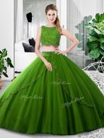 Olive Green Sleeveless Floor Length Lace and Ruching Zipper Quince Ball Gowns(SKU SXQD127-2BIZ)