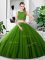 Olive Green Sleeveless Floor Length Lace and Ruching Zipper Quince Ball Gowns