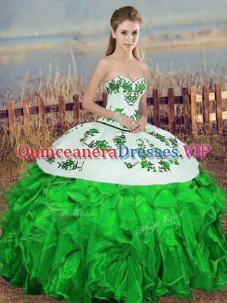 Top Selling Green Organza Lace Up Sweetheart Sleeveless Floor Length Quince Ball Gowns Embroidery and Ruffles and Bowknot