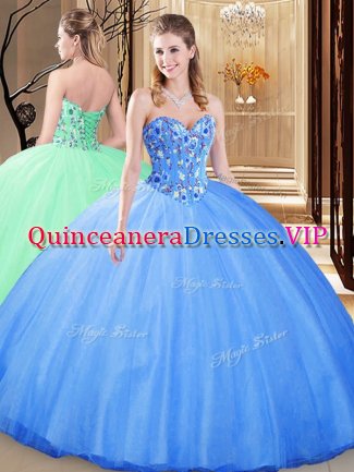 Delicate Tulle Sweetheart Sleeveless Lace Up Embroidery Quinceanera Gowns in Blue