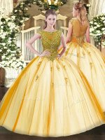 Super Gold Lace Up Scoop Beading Quinceanera Dresses Tulle Cap Sleeves