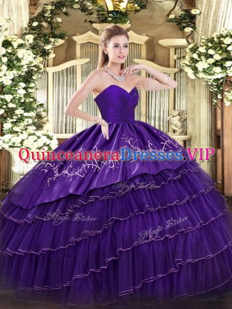 Fine Purple Sleeveless Floor Length Embroidery and Ruffled Layers Zipper Sweet 16 Quinceanera Dress