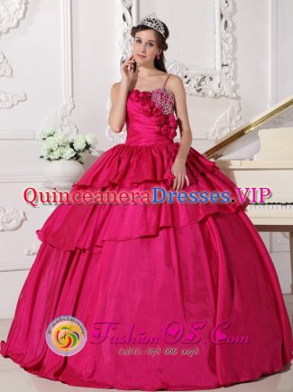 Hand Made Flowers Hot Pink Spaghetti Straps Ruffles Layered Gorgeous Quinceanera Dress With Taffeta Beaded Decorate Bust in Alamogordo NM