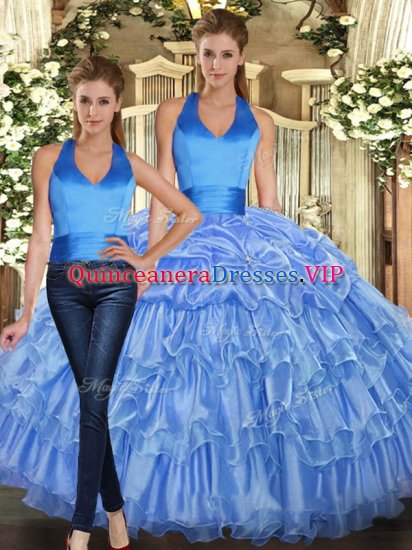 Sweet Baby Blue Ball Gowns Organza Halter Top Sleeveless Ruffles and Pick Ups Floor Length Lace Up Vestidos de Quinceanera - Click Image to Close