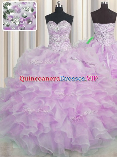 Modern Lilac Ball Gowns Sweetheart Sleeveless Organza Floor Length Lace Up Beading and Ruffles Quince Ball Gowns - Click Image to Close