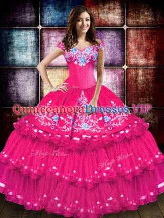 Edgy Taffeta Off The Shoulder Sleeveless Lace Up Embroidery and Ruffled Layers Vestidos de Quinceanera in Hot Pink