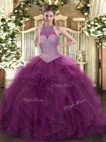 Ball Gowns 15th Birthday Dress Burgundy Halter Top Tulle Sleeveless Floor Length Lace Up(SKU SJQDDT1048002-2BIZ)