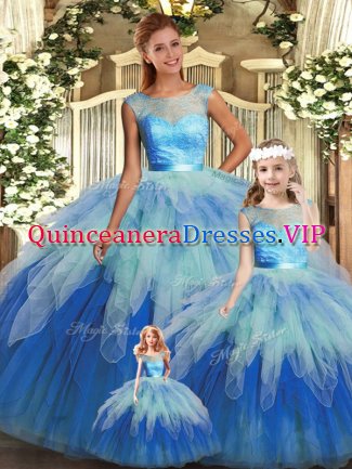 Sumptuous Multi-color Tulle Backless 15 Quinceanera Dress Sleeveless Floor Length Beading and Ruffles