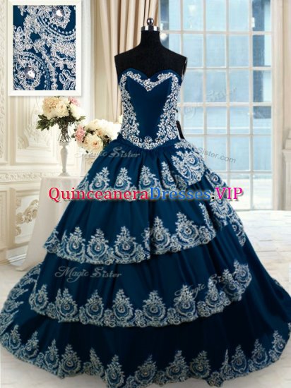 Suitable Navy Blue 15th Birthday Dress Military Ball and Sweet 16 and Quinceanera with Beading and Appliques and Ruffled Layers Sweetheart Sleeveless Court Train Lace Up - Click Image to Close