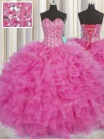 Comfortable Visible Boning Hot Pink Lace Up Sweetheart Beading and Ruffles Quince Ball Gowns Organza Sleeveless