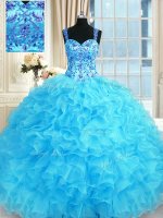 Sleeveless Floor Length Embroidery and Ruffles Lace Up 15 Quinceanera Dress with Baby Blue