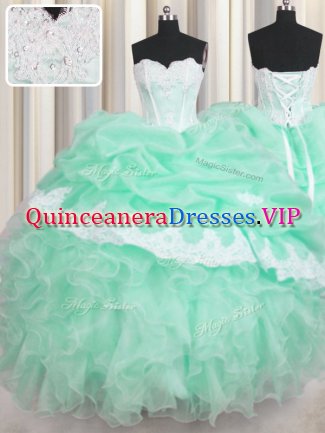 Extravagant Floor Length Apple Green 15th Birthday Dress Organza Sleeveless Beading and Ruffles and Pick Ups