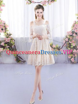 Custom Made Sleeveless Mini Length Lace Up Quinceanera Court Dresses in Champagne with Lace