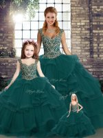 Captivating Peacock Green Sleeveless Beading and Ruffles Floor Length Quinceanera Dress