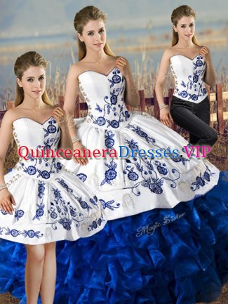 Satin and Organza Sweetheart Sleeveless Lace Up Embroidery and Ruffles Sweet 16 Dresses in Blue And White