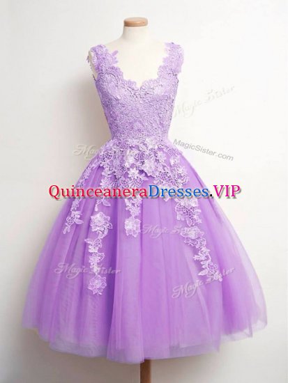 Knee Length Lavender Court Dresses for Sweet 16 V-neck Sleeveless Lace Up - Click Image to Close