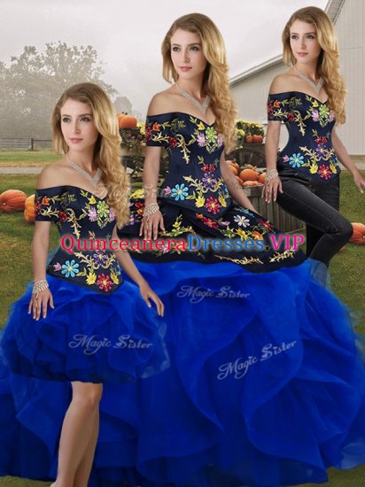 Extravagant Sleeveless Floor Length Embroidery and Ruffles Lace Up Quinceanera Dress with Royal Blue - Click Image to Close