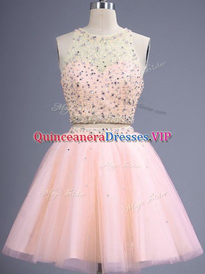 Knee Length Lace Up Damas Dress Peach for Prom and Party and Wedding Party with Beading - Click Image to Close