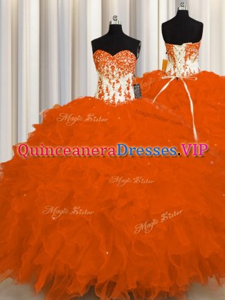 Stunning Sleeveless Floor Length Appliques and Ruffles Lace Up 15th Birthday Dress with Orange Red