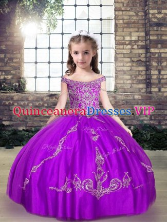 Purple Off The Shoulder Neckline Beading Kids Formal Wear Sleeveless Lace Up