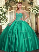 Floor Length Lace Up Quinceanera Dresses Turquoise for Military Ball and Sweet 16 and Quinceanera with Beading