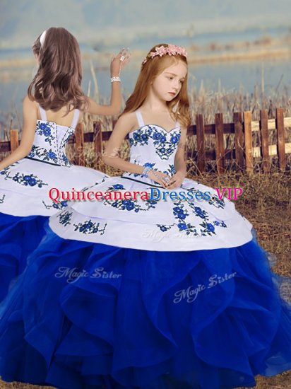 Royal Blue Ball Gowns Organza Straps Sleeveless Embroidery and Ruffles Floor Length Backless Pageant Gowns For Girls - Click Image to Close