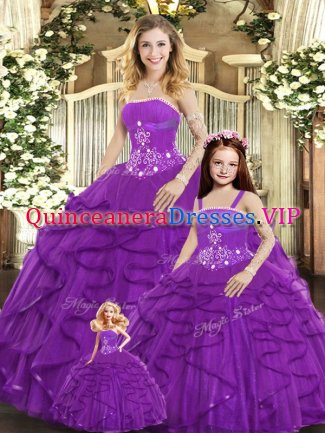 Purple Lace Up Strapless Beading and Ruffles 15th Birthday Dress Tulle Sleeveless