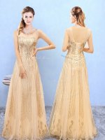 Customized Scoop Sleeveless Quinceanera Court Dresses Floor Length Beading and Appliques Gold Organza